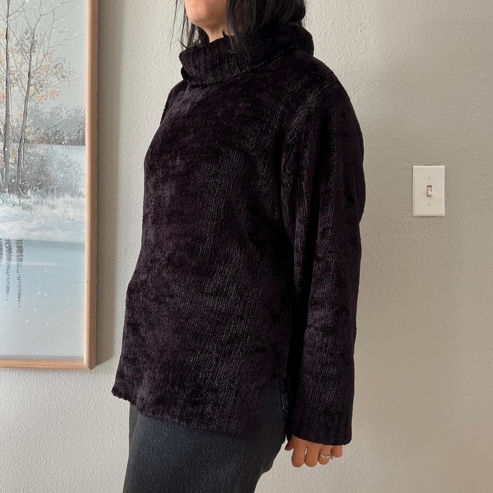 Vintage 90s Chenille Turtleneck Sweater Black Plush Cozy Minimalist Pullover - Picture 6 of 14